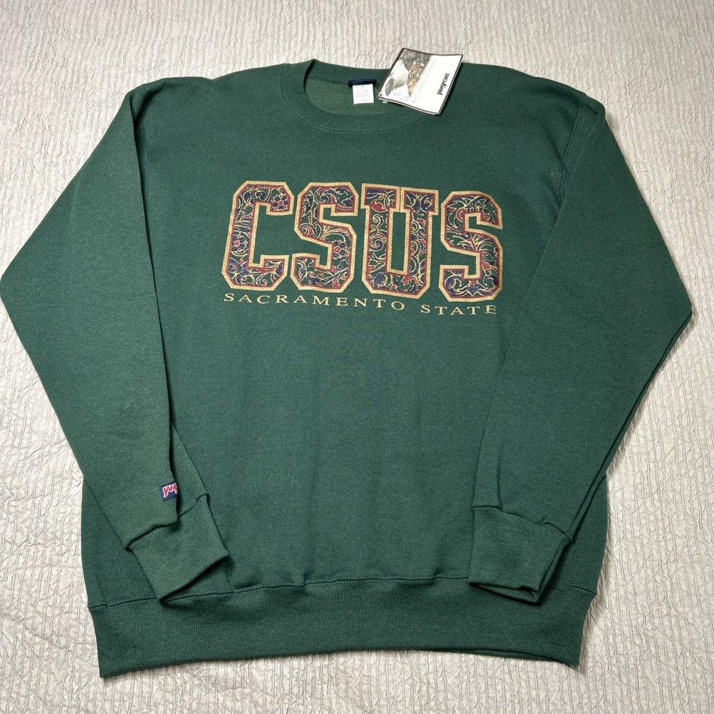 Vintage JanSport Men's L CSUS Green/Floral Cotton Blend Crewneck Sweatshirt NWT